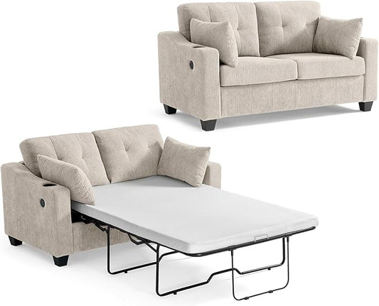 CHIC HOUSE Pull Out Sofa Bed, Full Size Sleeper Sofa, 2-in-1 Convertible Corduroy Couch with USB Charging, Memory Form Couch for Living Room, Apartment and Small Space (Beige, Corduroy - Full Size)