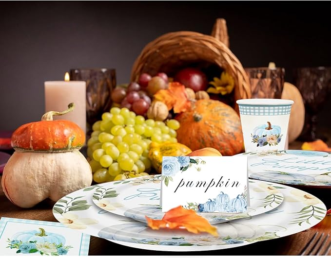 Aukolass Pumpkin Party Supplies Tableware Set - Fall Theme Party Decorations Including Plates, Napkins and Cups for Pumpkin Birthday and Baby Shower Party, Serves 24 Guests (blue)