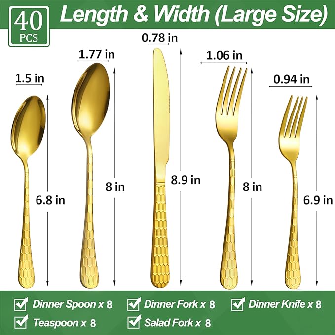 40 Pcs Gold Silverware Set for 8 with Water Cube Handle design, Food Grade Stainless Steel Flatware Set, Eating Utensils Sets Include Fork/Knife/Spoon, Reusable Cutlery Set, Dishwasher Safe
