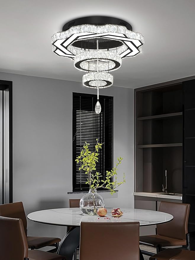 Flashing God Modern Crystal Chandeliers Dia 24" Black Chandelier Flush Mount Ceiling Light for Bedroom Living Room Dining Room Hallway Dimmable 3 Rings LED Celing Lighting Fixtures