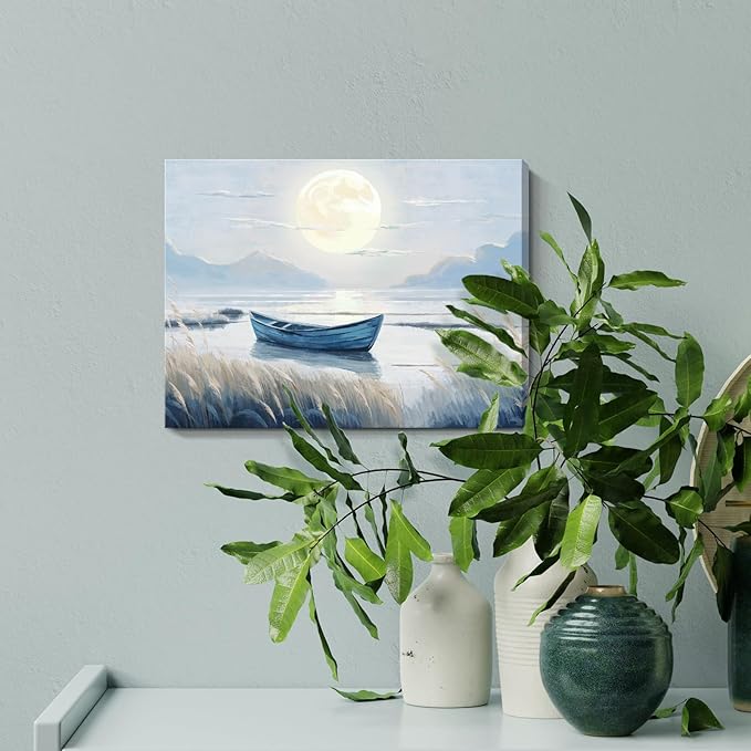 amatop Coastal Bathroom Wall Art Blue Beach Nautical Ocean Nature Canvas Picture with Boat Moon Lake Mountain Sea Relaxing Serene Landscape Gallery Wrapped Artwork for Modern Home Bedroom Decor 16x12