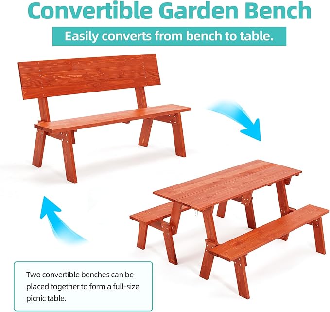 AVAWING Outdoor Convertible Wood Bench with Backrest, Patio Wood Convert a Bench, Space-Saving 2-in-1 Picnic Table Chairs Set for Backyard, Porch, Patio, Garden, Tangerine