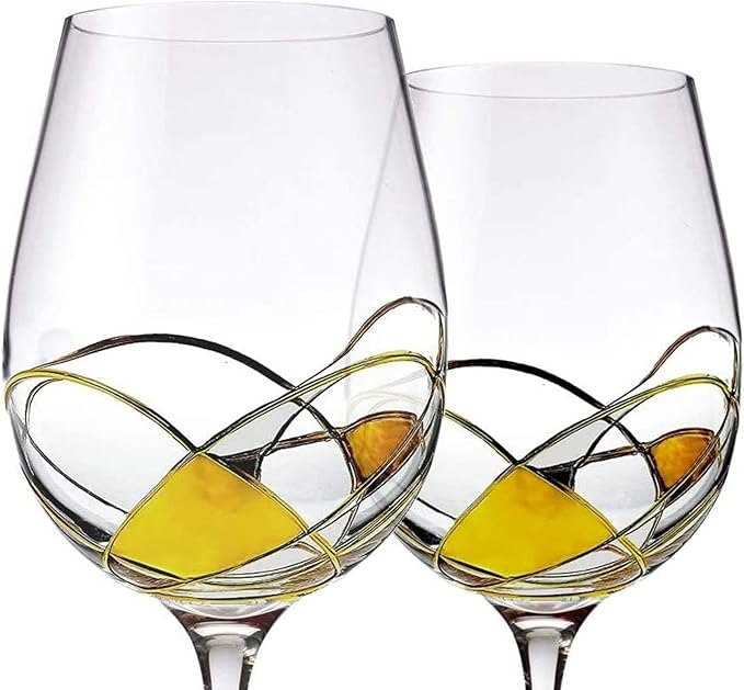 Bezrat Wine Glasses Hand Painted - Set of 2 - Women Wine Gift - Wine Lover Glass - Beautiful Glassware Gifts Ideas for Women Inspired by 'Duomo di Milano' Mothers Day - 12 oz (Gold)