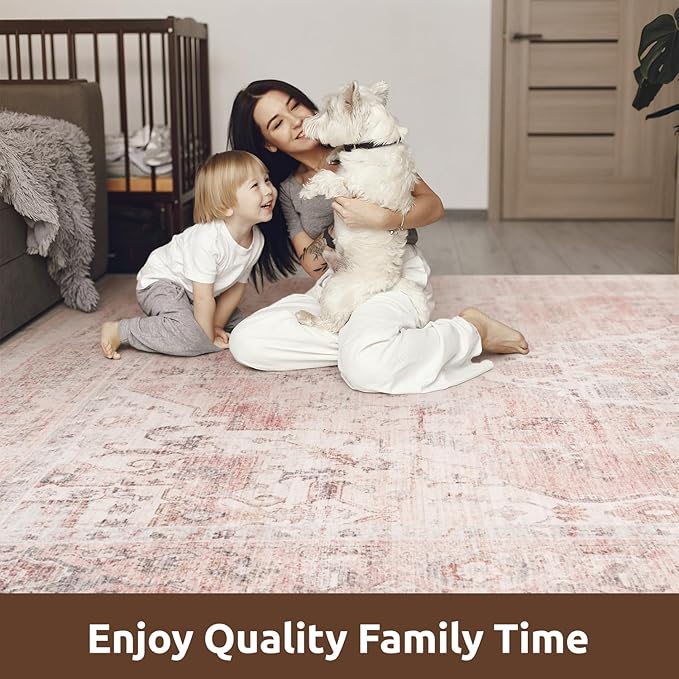 AMOAMI-Area Rug 9X12 Rugs for Living Room-Vintage Soft Pink Rugs for Bedroom-Non Slip Carpet-Washable Rug for Dining Room Living Room Bedroom Office Under Table