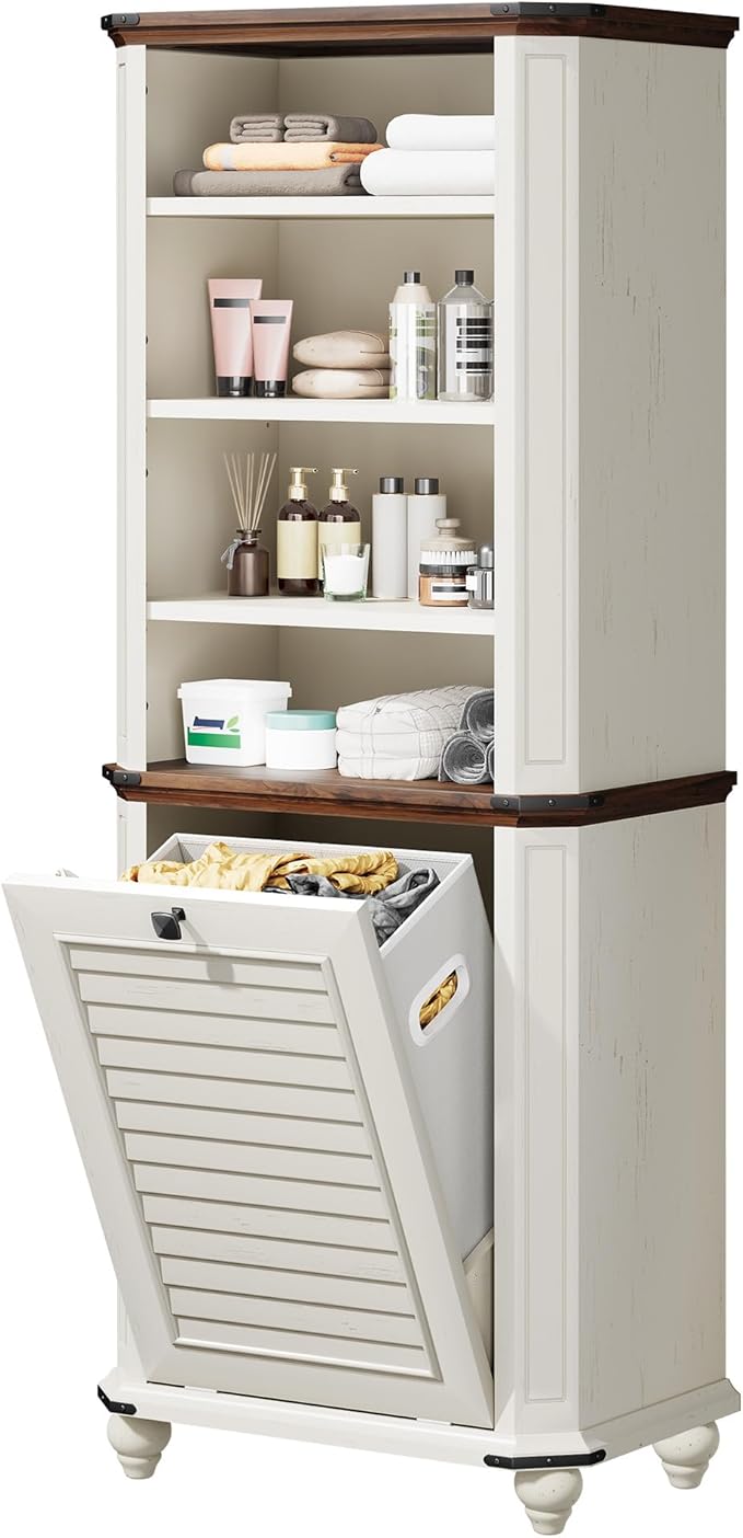 DWVO Tilt Out Laundry Hamper, Farmhouse 4-Tier Storage Cabinet with Removable Laundry Basket, Laundry Hamper Organizer with 2 Adjustable Shelves for Laundry Room, Bathroom, White