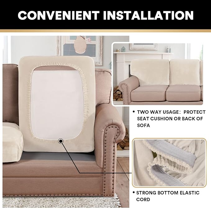 PrinceDeco Velvet Couch Cushion Cover Soft Stretch Cushion Slipcover for Chair Loveseat Sofa Cushion Furniture Protector Seat Cushion Sofa Cover (2 Piece Large Sofa Cushion Covers, Ivory)