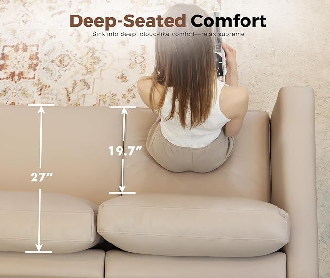 64.6" Faux Leather Loveseat Sleeper Sofa Bed with Storage Seat, Modern Modular Sectional Couch Deep Seat with Reversible Chaise 2-Seat Whitesand for Apartment, Living Room, Bedroom