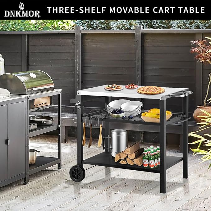 Dining Cart Table with Three Shelf, Movable Outdoor BBQ Grill Table Pizza Oven Stand with Three Hooks, Kitchen Cart Island Multifunctional Food Prep Table for Inside and Outside (Sliver)