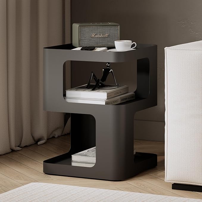 Modern Side Table, Metal Bedside Table Living Room, 3 Tier end Tables with Storage,Nightstand for Small Spaces, Living Room, Bedroom, Sturdy, No Assembly Required