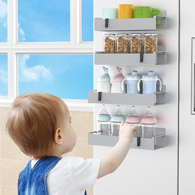 4 Pack Magnetic Spice Rack Organizer for Refrigerator and Oven, Light Gray Fridge Organizers and Storage for Kitchen