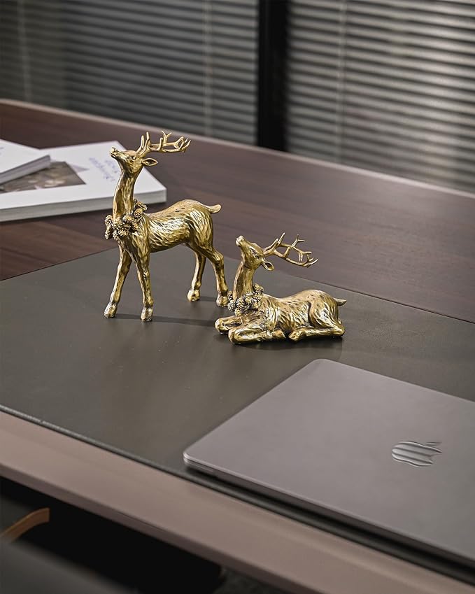 DN DECONATION 2pcs Gold Christmas Reindeer Statue, Christmas Clearance Small Resin Reindeer Figurine Indoor, Tabletop Reindeer Christmas Decor, Deer Figurine Decorations for Home