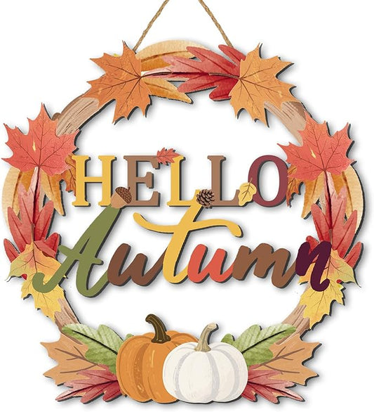 COLOR VALLEY ART Hello Autumn Wreath Sign, Fall Maple Leaf Wall Decor with Pumpkins, Rustic Wooden Thanksgiving Decoration, 11.4L''x11.4W'' (Maple Leaf Wreaths)