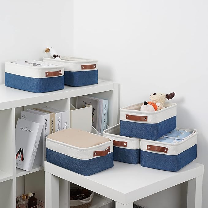 DULLEMELO Set of 6 Small Baskets for Organizing, Small Fabric Storage Bins for Toys Storage, Collapsible Storage Bins with Leather Handles for Shelves, Closets, Laundry, Nursery(White&Blue)