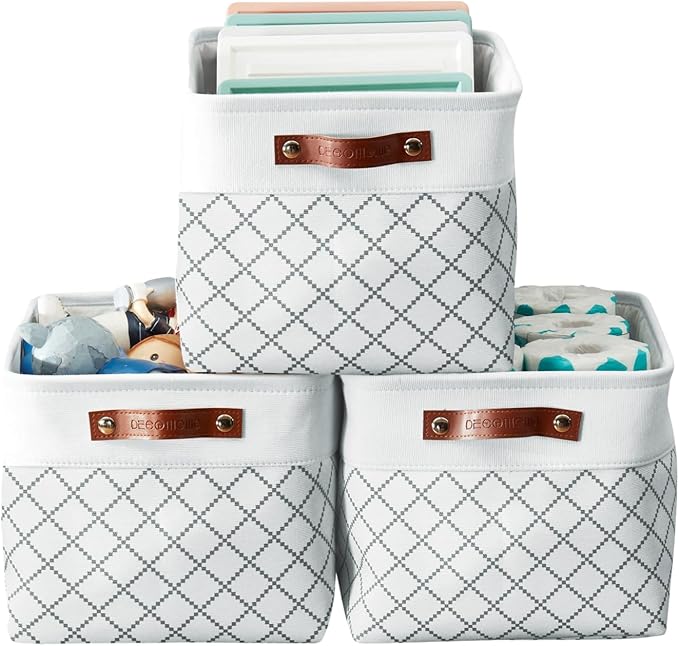 DECOMOMO White Storage Bins Fabric Storage Baskets for Shelves, Linen Closet Organization Toys Nursery (White Check, Large - 3 Pack)