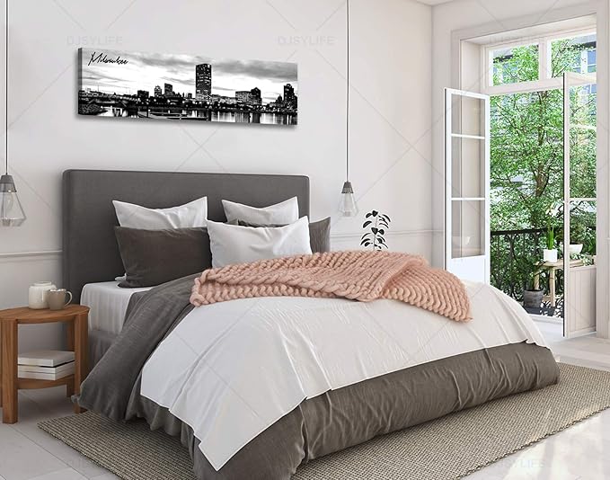 DJSYLIFE Milwaukee Skyline Wall Art Black and White Stretched Canvas Wall Art Prints for Bedroom or Office Decoration Ready to Hang 13.8" x 47.3"