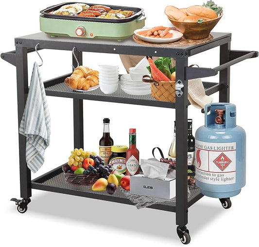 Domi 3-Shelf Outdoor Grill Table, Grill Cart Outdoor with Wheels, Pizza Oven and Food Prep Table, Blackstone with Propane Tank Hook, BBQ Stand for Blackstone Griddle for Outside BBQ