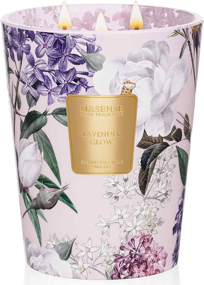 M&SENSE Extra Large Lavender Soy Candles for Home Scented 35oz 150 Hour Long Lasting Slow Burning, 3-Wick Natural Aromatherapy Candle Highly Scented Home Fragrance Gift for Women Men