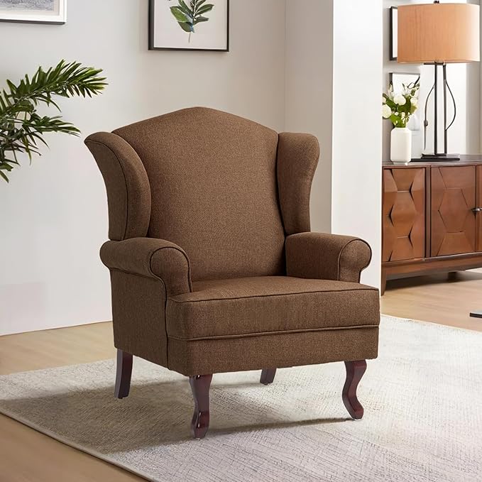 Accent Chair, High Back Upholstered Armchair with High Resilience Sponge & Wood Legs, Mid-Century Modern Comfy Single Sofa Reading Chairs for Living Room, Bedroom (Brown, Set of 1)
