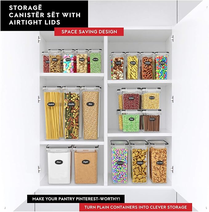 DWËLLZA KITCHEN Flour Sugar Storage Containers Set of 4; 3.6l Plastic Airtight Food Storage Containers with Lids for Kitchen Pantry Organization and Storage - Dry Food Containers, Labels & Marker