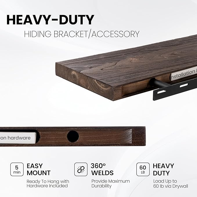 Wood Floating Shelves for Wall, 48 Inch Floating Shelves Wall Mounted, Rustic Live Edge Elm Wood Shelf for Home Decor, Heavy-Duty Storage Shelves for Books, Bathroom, Kitchen, Walnut Finish