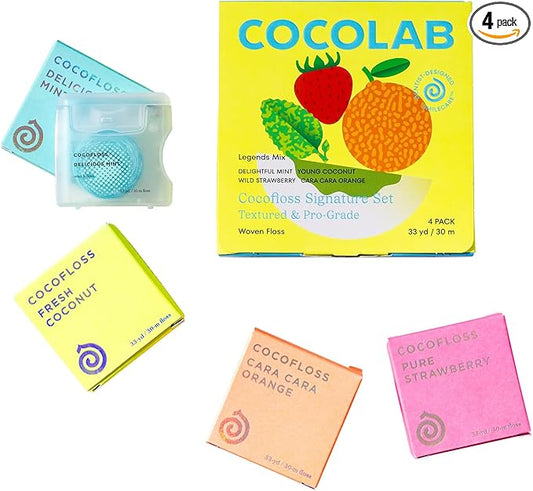 Cocofloss Woven Dental Floss, Dentist-Designed Oral Care, Waxed, Vegan, Kid-Friendly, with Coconut Oil, 4-Pack of Mint, Coconut, Orange, Strawberry (33 yard Each)