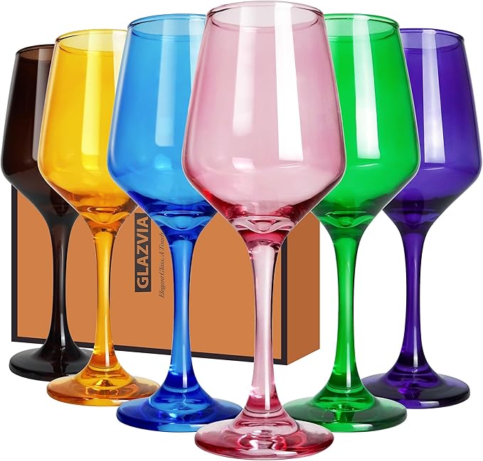 Colored Wine Glasses Set of 6-12oz Colorful Long Stem Wine Glass Cups, Multi Color Pretty Crystal Glassware, Hand Blown Goblets Drinkware, Unique Drinking Stemware Holiday Gift Set for Women