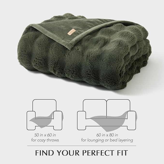 EVERGRACE Ultra Soft Luxury Fluffy Ridgeline Faux Rabbit Fur Throw Blanket, Thick Warm Bubble Throw for Bed, Cozy Plush Reversible Blankets for Couch, Chair, Sofa, Green, 50x60 Inches, 870 GSM