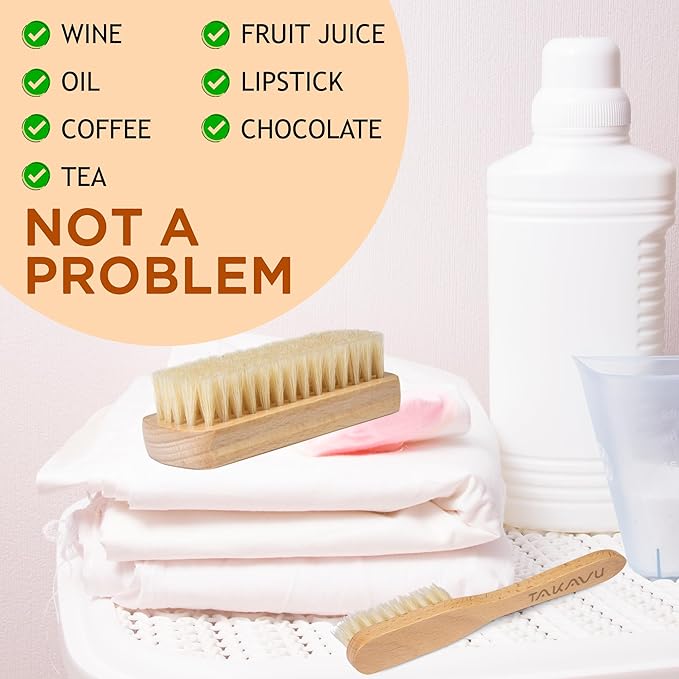 Boar Bristle Laundry Stain Brush Set by TAKAVU, Stiff Pure Boar Bristle for Scrubbing Out Tough Stains on Delicate Fabrics Knits Cotton Leather Washable Fabrics