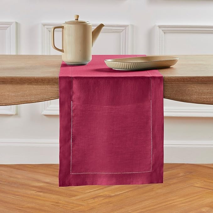 Solino Home Linen Beet Table Runner 120 Inches Long - 100% Pure Linen Hemstitch 14 x 120 Inch Table Runner for Dining, Fall, Autumn, Thanksgiving - Classic Hemstitch