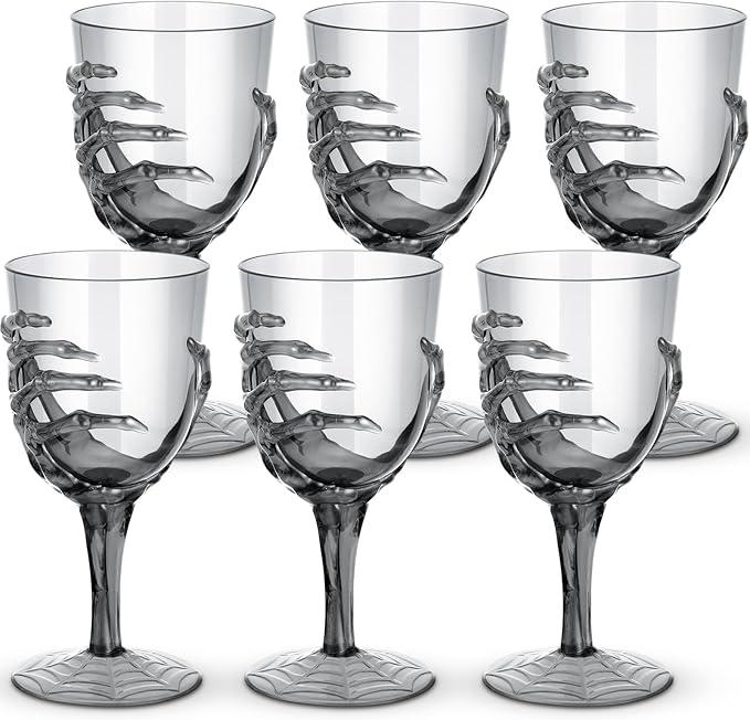 Dandat 6 Pcs Halloween Skeleton Hand Goblets 12oz Clear Plastic Halloween Cups Skull Wine Glass Set for Creepy Spooky Party Decorations (Black)