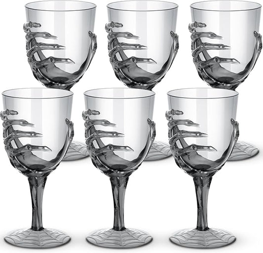 Dandat 6 Pcs Halloween Skeleton Hand Goblets 12oz Clear Plastic Halloween Cups Skull Wine Glass Set for Creepy Spooky Party Decorations (Black)