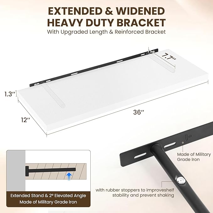 36" Floating Shelves for Wall, 12" Deep Slim White Floating Shelves, Wall-Mounted Shelves for Bedroom, Living Room, Kitchen, Bathroom - Set of 2