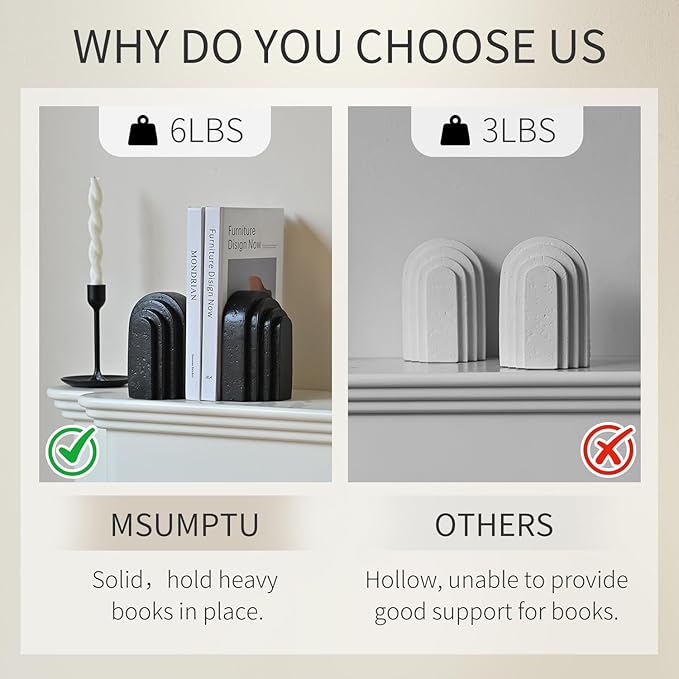 Decorative Bookends for Shelves, Set of 2 Book Ends for Heavy Books, Layered Arch Design Black Bookend