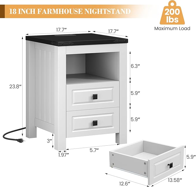 Apicizon End Table, Farmhouse End Tables with Charging Station, Nightstand with Drawers and Storage Cabinet, Wood Coffee Table for Small Spaces, Sofa Side Table for Living Room, Bedroom