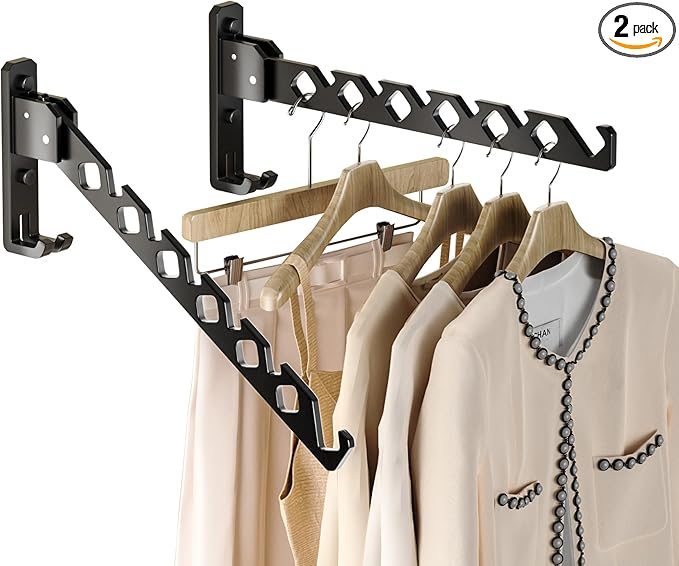 Dr.DJ Wall Mount Coat Hanger Holder Black Clothes Drying Organizer Rack Garment Hooks Aluminium Retractable Folding Indoor Wall Mounted Hanger Space Saver for Laundry Room Bedroom Black 2Pack