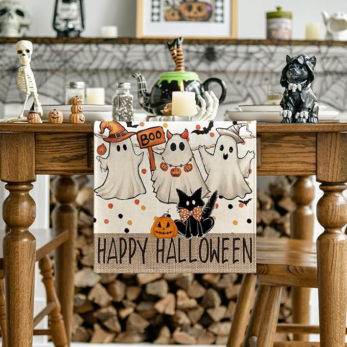 Artoid Mode Beige Ghost Jack-O'-Lantern Black Cat Halloween Table Runner,Holiday Kitchen Dining Table Decoration for Home Party Decor 13 x 48 Inch