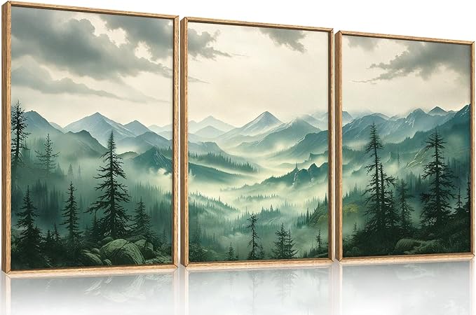 Green Foggy Mountain Framed Canvas Wall Art Set, Misty Forest Wall Decor, Watercolor Pine Tree Wall Painting, Large Nature Landscape Art Print for Living Room, Bedroom, Office - 16"X24"X3