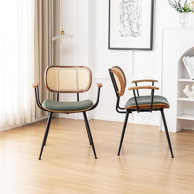 Rattan Dining Room Chairs Set of 2,Mid Century Modern Kitchen Side Chairs,Metal Legs Desk Chair,Faux Leather Accent Chair with Arms and Rattan Backrest Green PU