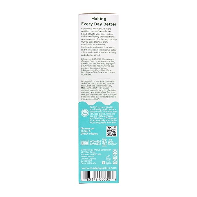 RADIUS Toothpaste, Mint Aloe Neem, 3 oz, USDA Organic Non-Toxic Chemical-Free Gluten-Free, Designed to Improve Gum Health & Prevent Cavities, Pack of 1