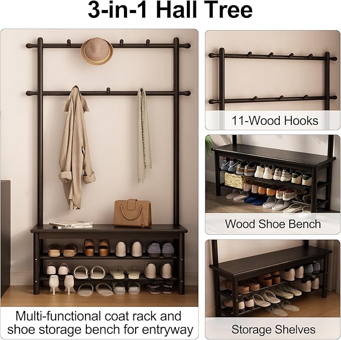 Coat Rack with Shoe Storage, Wooden Hall Tree with Bench, 11 Hooks and 2-Tier Storage Shelves, 3-in-1, Entryway Bench with Coat Rack (39.3"-Black)