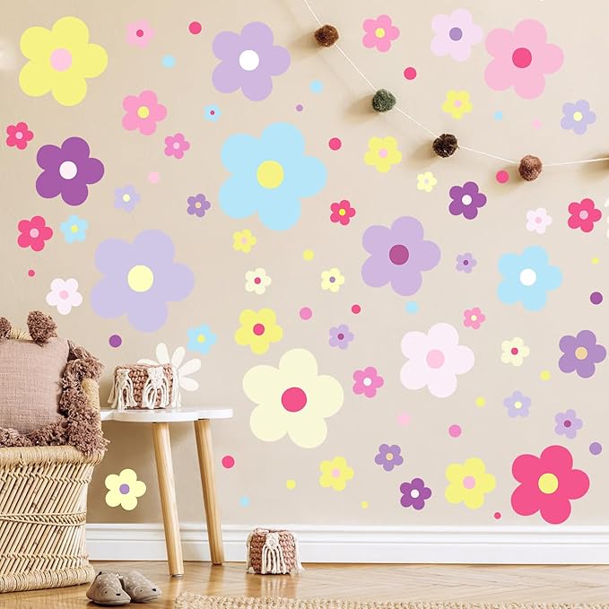 Glow in The Dark Y2k Cute Flowers Wall Decals，Glowing Luminous Colorful Floral Wall Stickers Colorful Removable self-Adhesive Preppy Hippie Stickers for Girls Bedroom