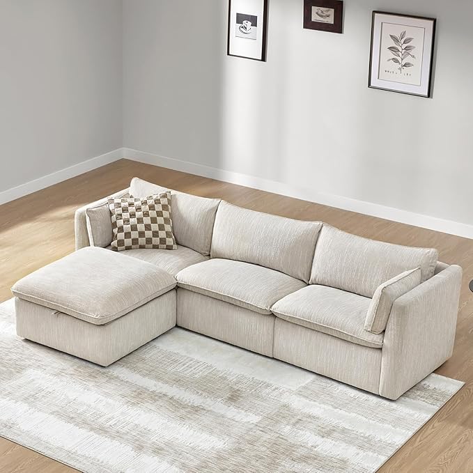 CHITA Sectional Modular Down Filled L Shape Sofa, Comfty L Shape Cloud Couch,FSC Certified L Shaped Couch for Living Room, 114 inch Width,4 Seat with Storage Ottoman, Snow