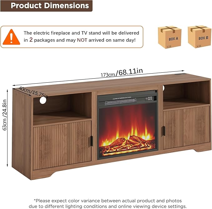 Fireplace TV Stand for Television up to 80 Inch,Entertainment Center with Adjustable Shelf,Mid-Century Modern Fluted TV Stand with 23" Electric Fireplace,Media Console for Living Room,Bedroom