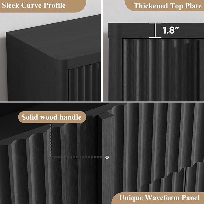 Buffet Cabinet with Storage, 60" Fluted Coffee Bar with 4 Drawers & 2 Doors, Modern Sideboard Buffet with Solid Wood Handle, Credenza Storage Cabinet for Living Room Kitchen Dining Room, Black(1PCS)