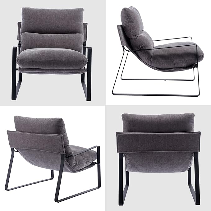 DUOMAY Modern Accent Arm Chair Set of 2, Comfy Linen Lounge Lazy Chair with Metal Leg, Mid-Century Corner Chair for Living Room Bedroom Office Apartment, Grey