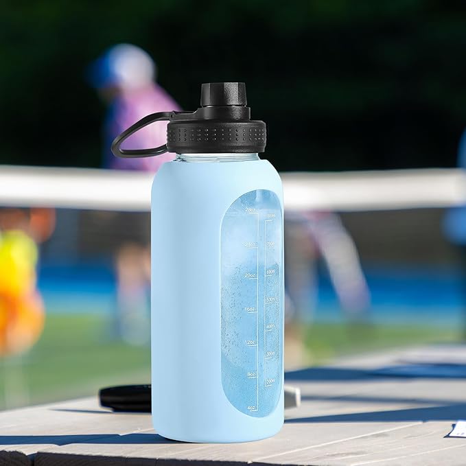 64 oz Glass Water Bottle With Straw and Handle, Half Gallon Sports Motivational Water Jug Flask with Silicone Sleeve, Large Water Cup with Time Marker for Travel, Gym, Purple