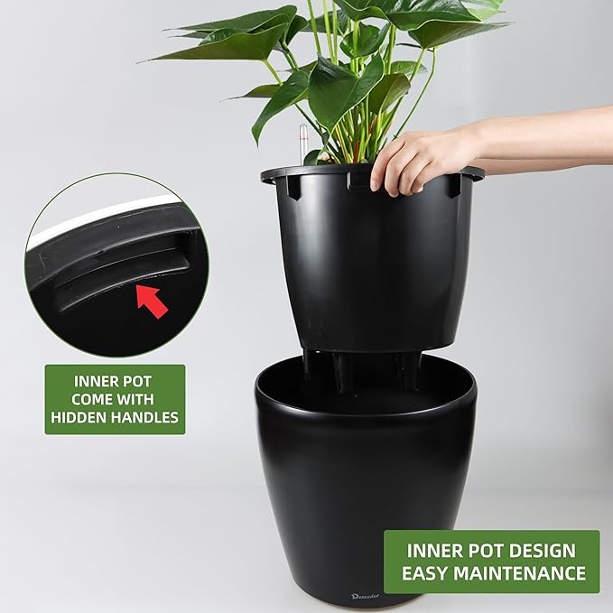 Dexceder 18x17 Self Watering Planter with Wheels Indoor Outdoor, Inner Pot Design, Thickened Large Floor Standing Flower Plant Pot with Water Level Indicator (Black Matte)