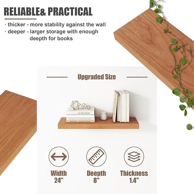 Floating Shelves for Wall, USA-Sourced Cherry Wood 24 Inch Wall Shelves Set of 2, Natural Wooden Wall Mounted Picture Ledge Shelf, Nursery Book Storage Shelf Kids Bookshelf, Display Shelf for Bathroom