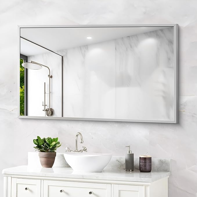 Silver Bathroom Mirror for Wall, 30x48 Inch Rectangle Mirrors with Metal Frame, Modern Vanity Wall Mirror Decor for Bathroom Living Room, Entryway Hangs Horizontal or Vertical