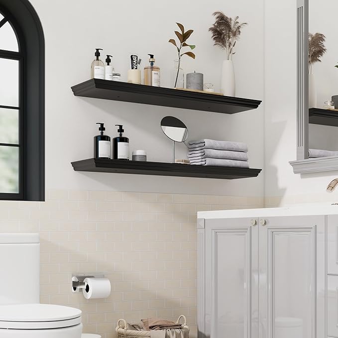 Floating Shelves for Wall, 36 Inch Long Wall Mounted Black Hanging Shelf for Kitchen, Living Room, Office, Bedroom, Bathroom, Retro Vintage Wood Bookshelf for House Decor